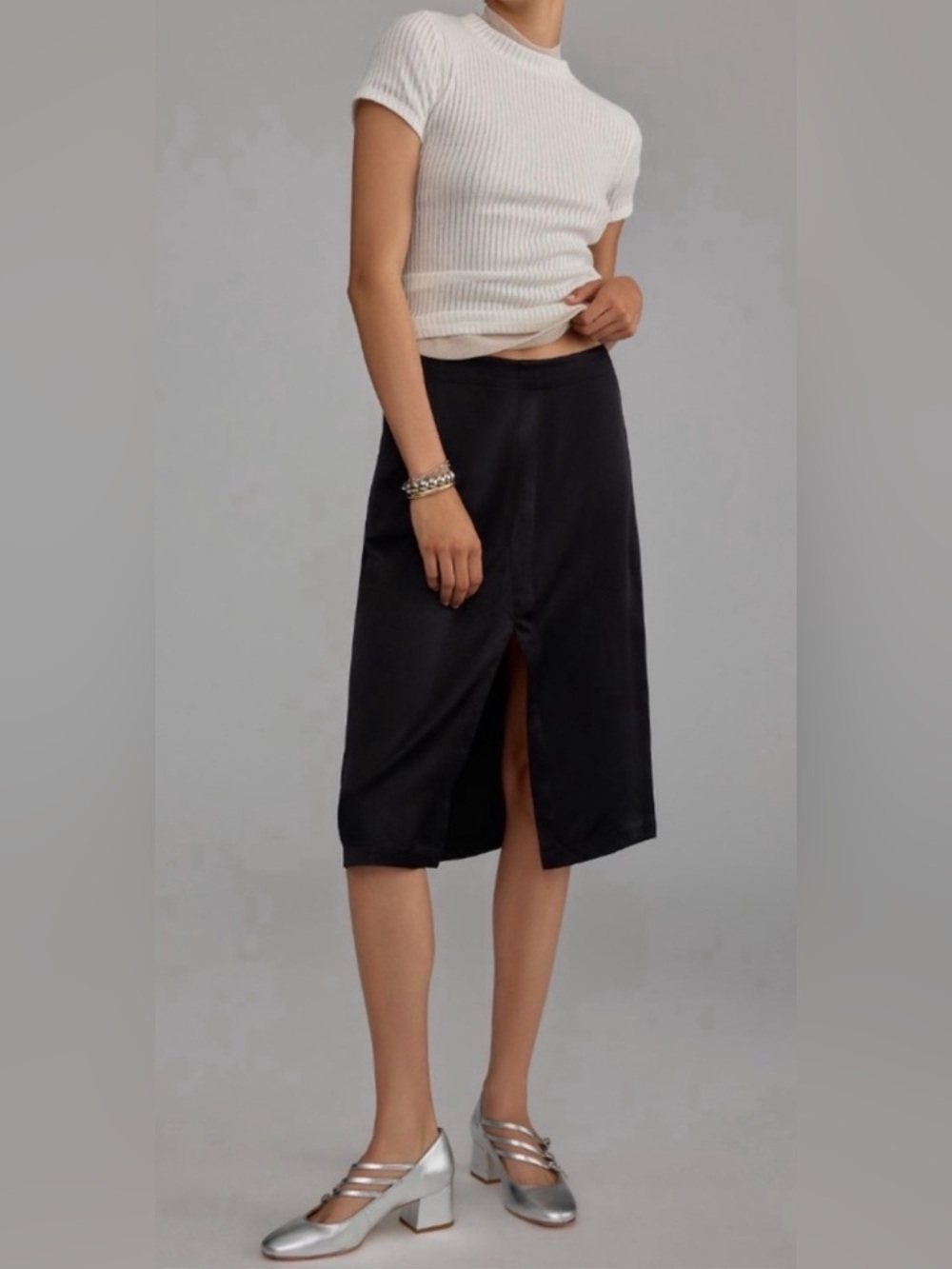 Anthropologie ❤️ Front Slit Midi Black Satin Skirt NWT